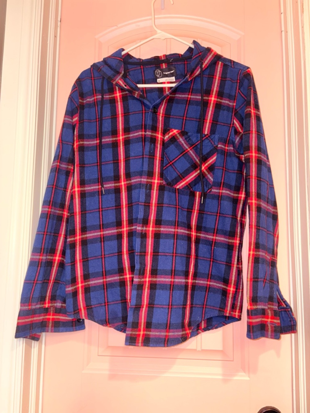 Original Use Blue Plaid Button-Down Hooded Shirt with Red Accents